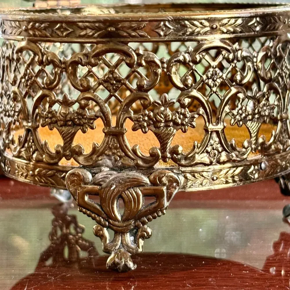 Vintage Gold Filigree Jewelry Casket Footed Trinket Box with Glass Lid
